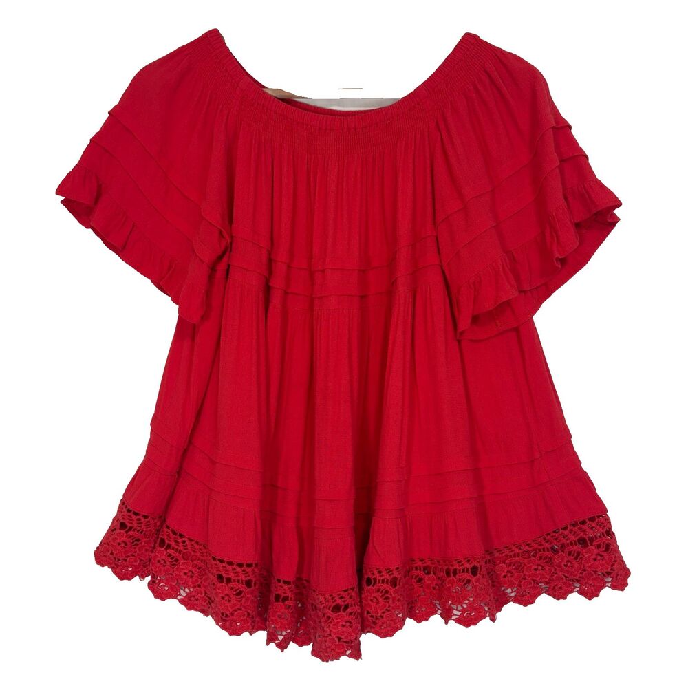 Muche & Muchette Swing Top One Size‎ Coral Red Tiered Crochet Lace Boho Island